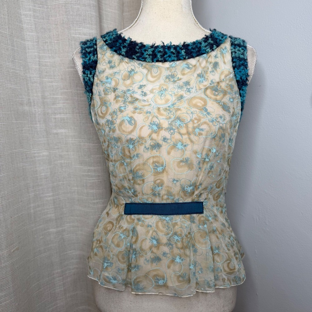 Louis Vuitton 100% Silk Floral Peplum Blouse Boucle Trim Bow Women's 36 FR US 4